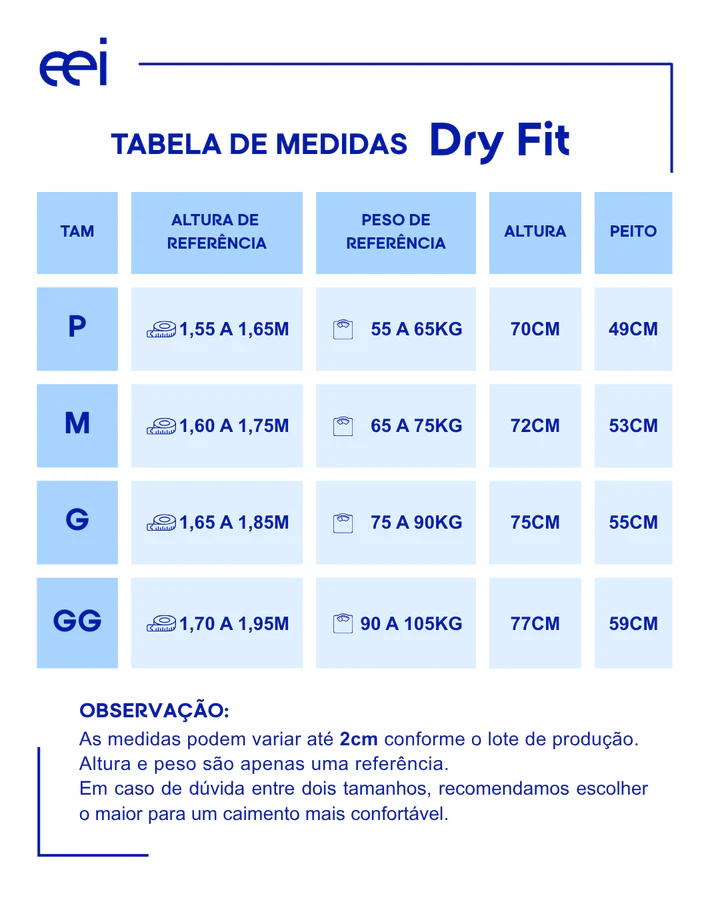 Tabela de medidas Dry Fit — tamanhos P, M, G e GG