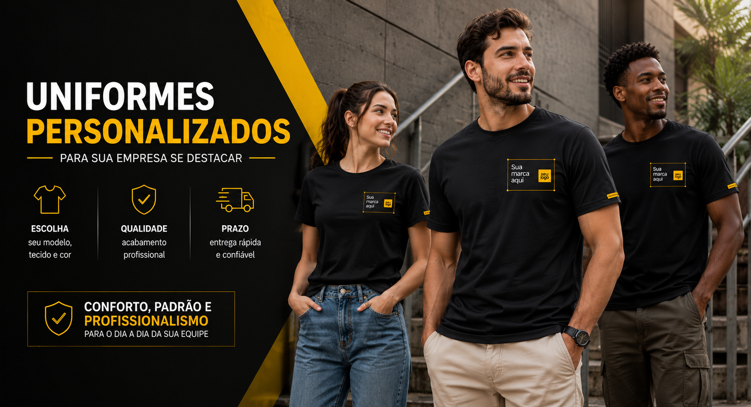 Vestfirma — uniformes personalizados. Escolha modelo, cor, envie sua logo e receba seu uniforme pronto.
